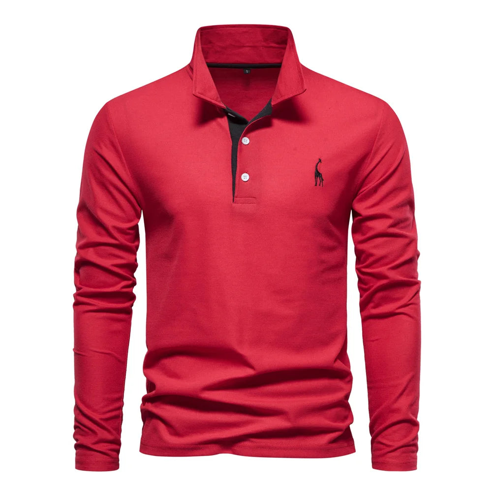 New Men's Deer Embroidery Polo Shirts Solid Colour Long Sleeve Social Business Male