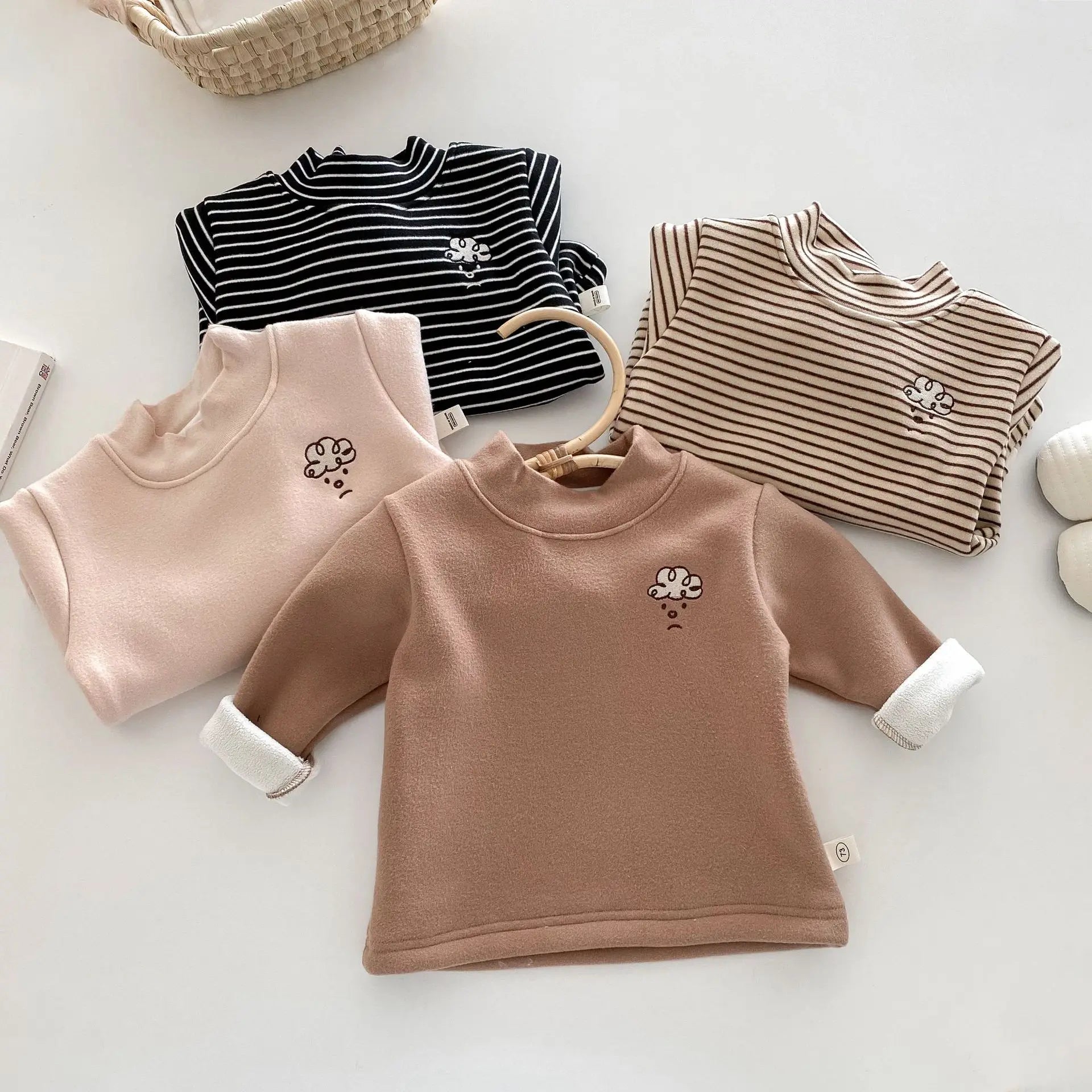 Herfst Kinder Basis Shirt Jongens Halve Turtleneck Warme Onderkant Tops Meisjes Bontvoering Geborduurde Gestreepte Blouse 0-5 Jaar Unisex