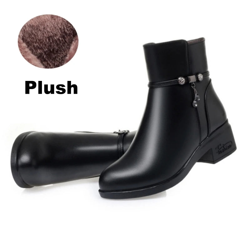 Women's Mother Female Genuine Leather Shoes Ankle Boots Winter Fur Plush Wool Warm Zipper