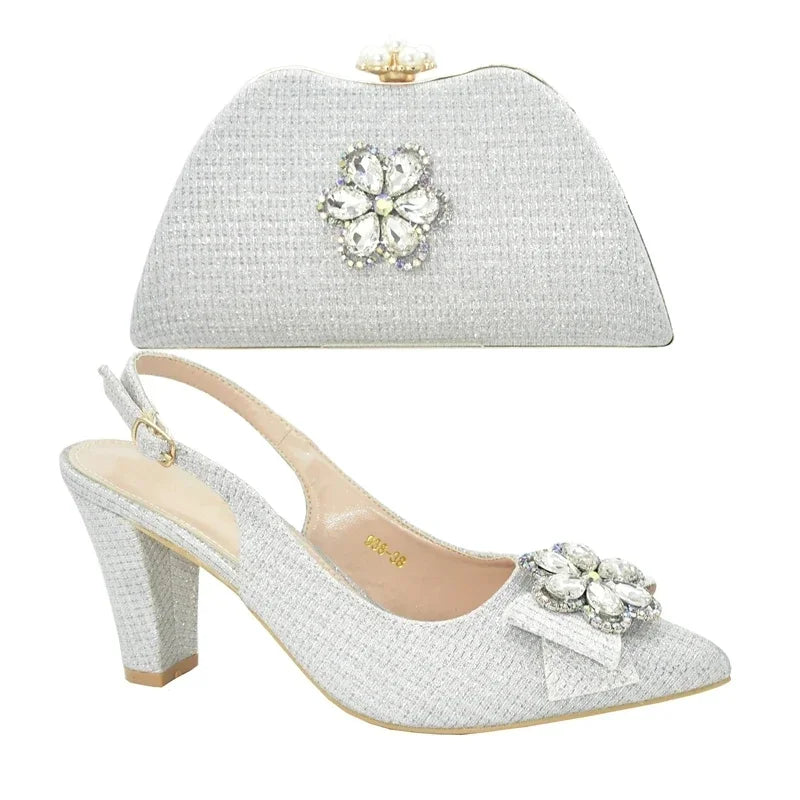 African Shoes and Bags Matching Set Decorated with Rhinestone Nigerian Shoes and Matching Bag