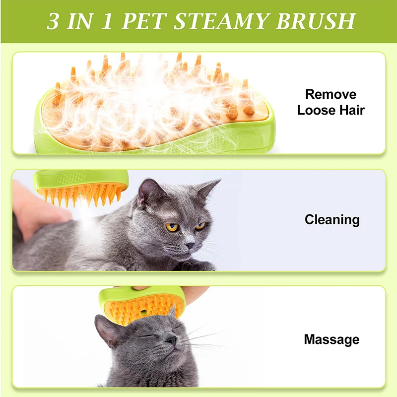 Steamy Dog Brush Electric Spray Cat Hair Brush 3 In1 Dog Steamer Brush for Massage Pet Grooming Removing Tangled and Loose Hair