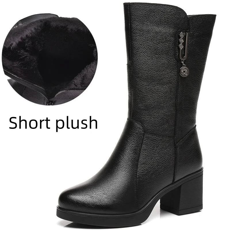 Women Genuine Leather Mid Calf Boots Female Mather Ladies Winter Fur Plush Warm