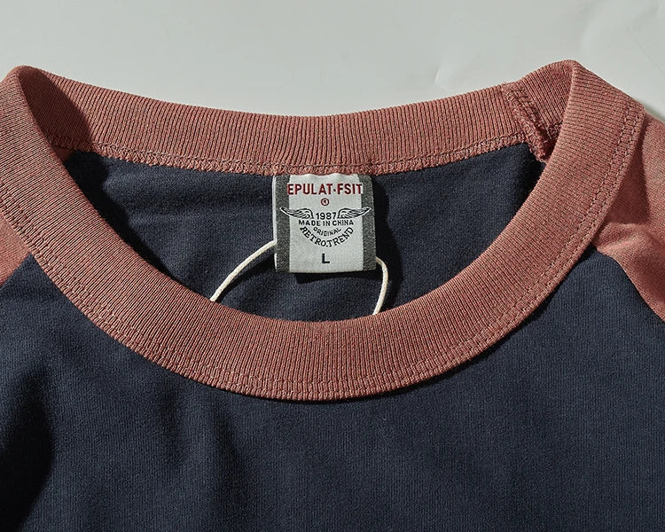 Autumn New American Retro Long Sleeve O-neck Contrast Splicing T-shirt Men's Fashion 100% Cotton Washed Old Casual Sport Tops