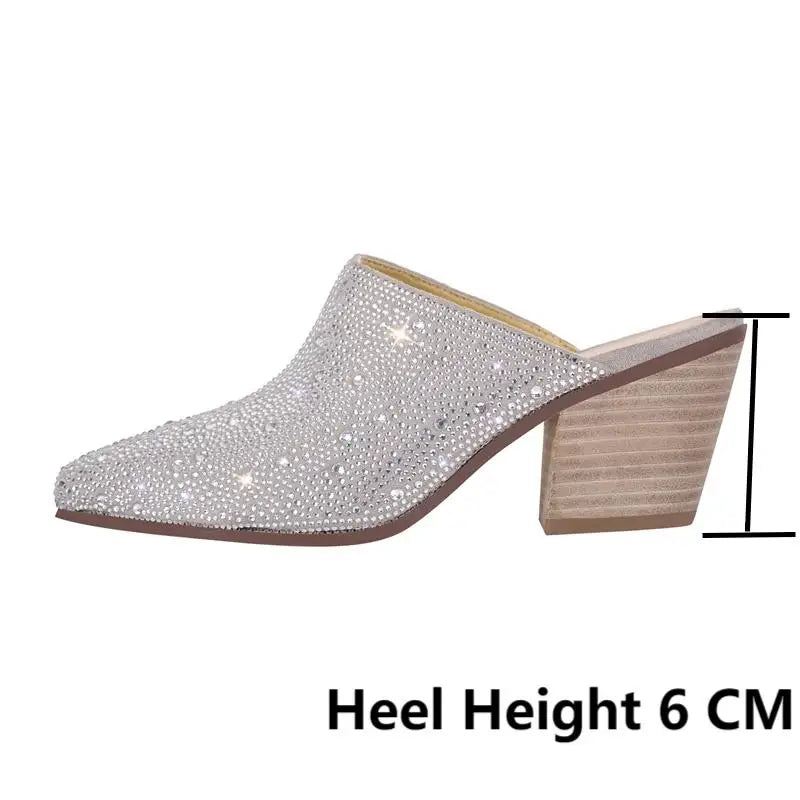 Women Pointed Toe Rhinestone Mules Glitter Bling Shiny Pretty Sparkly Gorgeous Chunky Heel Slip On Summer Slipper
