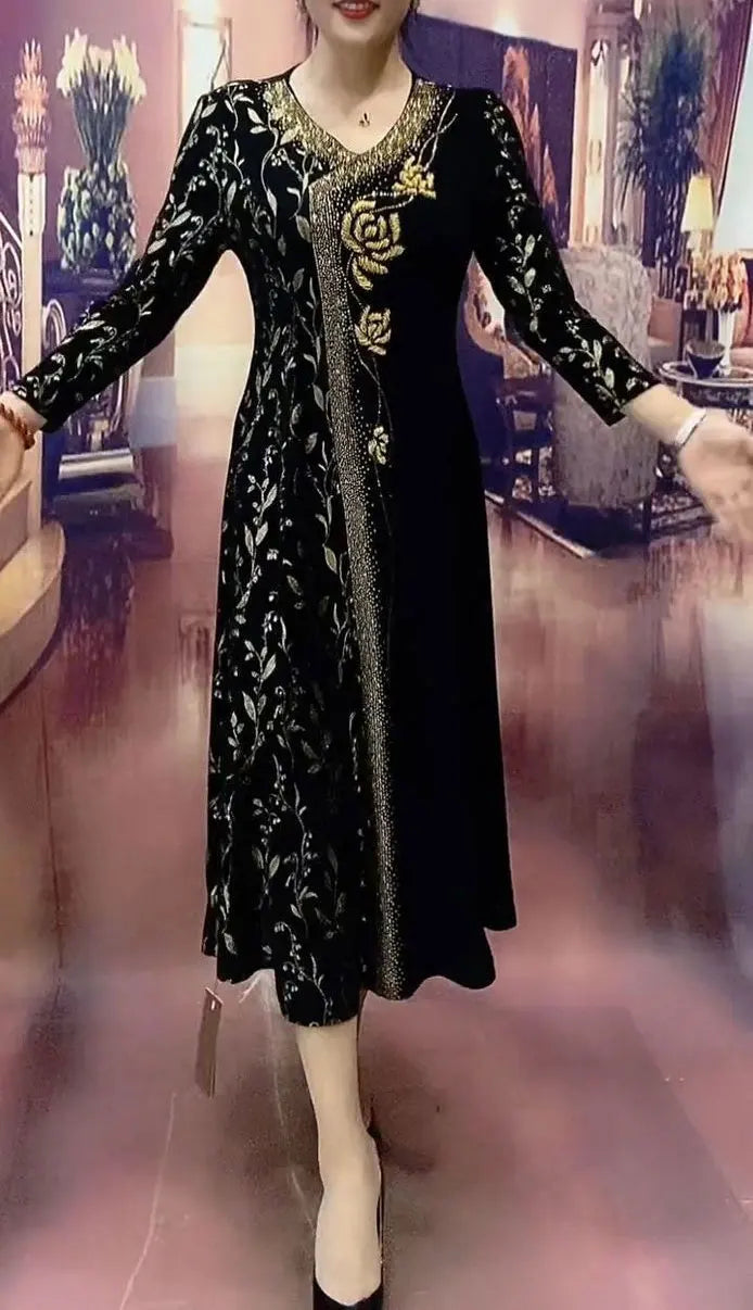 Commute Printed Elegant V-Neck Dresses Spring Autumn New A-Line Women's Clothing Long Sleeve Stylish Floral Diamonds Long Dress
