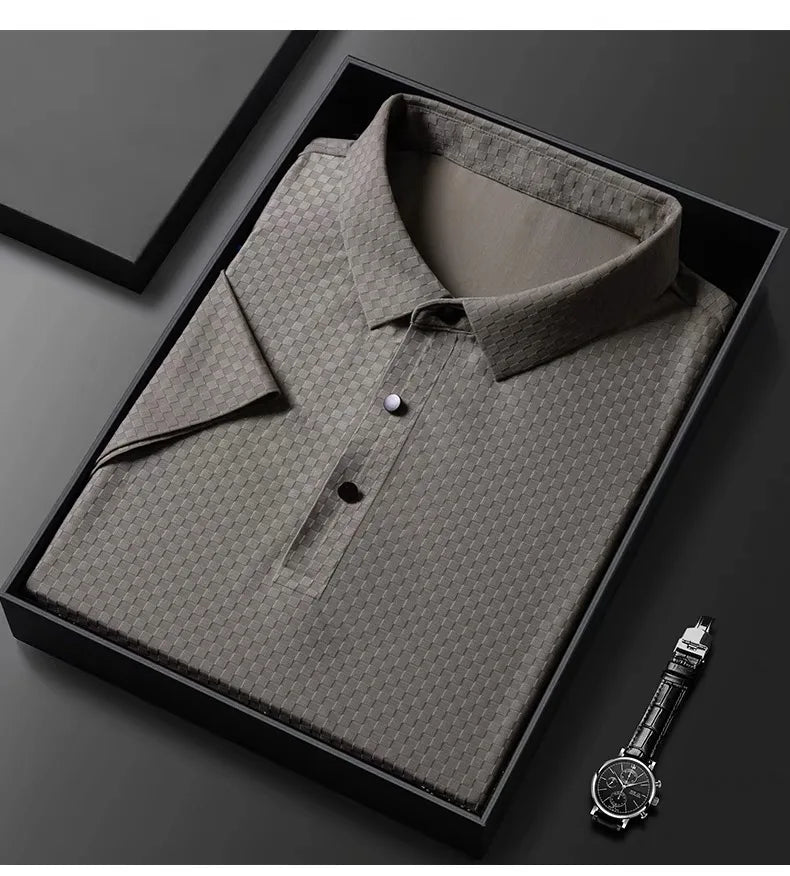 Men's Summer Luxury and Fashionable Casual Waffle Short Sleeve Polo Shirt, Lapel, Ice Silk, and High-End Breathable T-Shirt