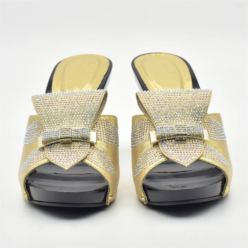 Gold Color Women Slippers Shoes African Women Wedding Shoes Elegant Italian Woman Shoes with Stone High Heels Woman Summer Pumps