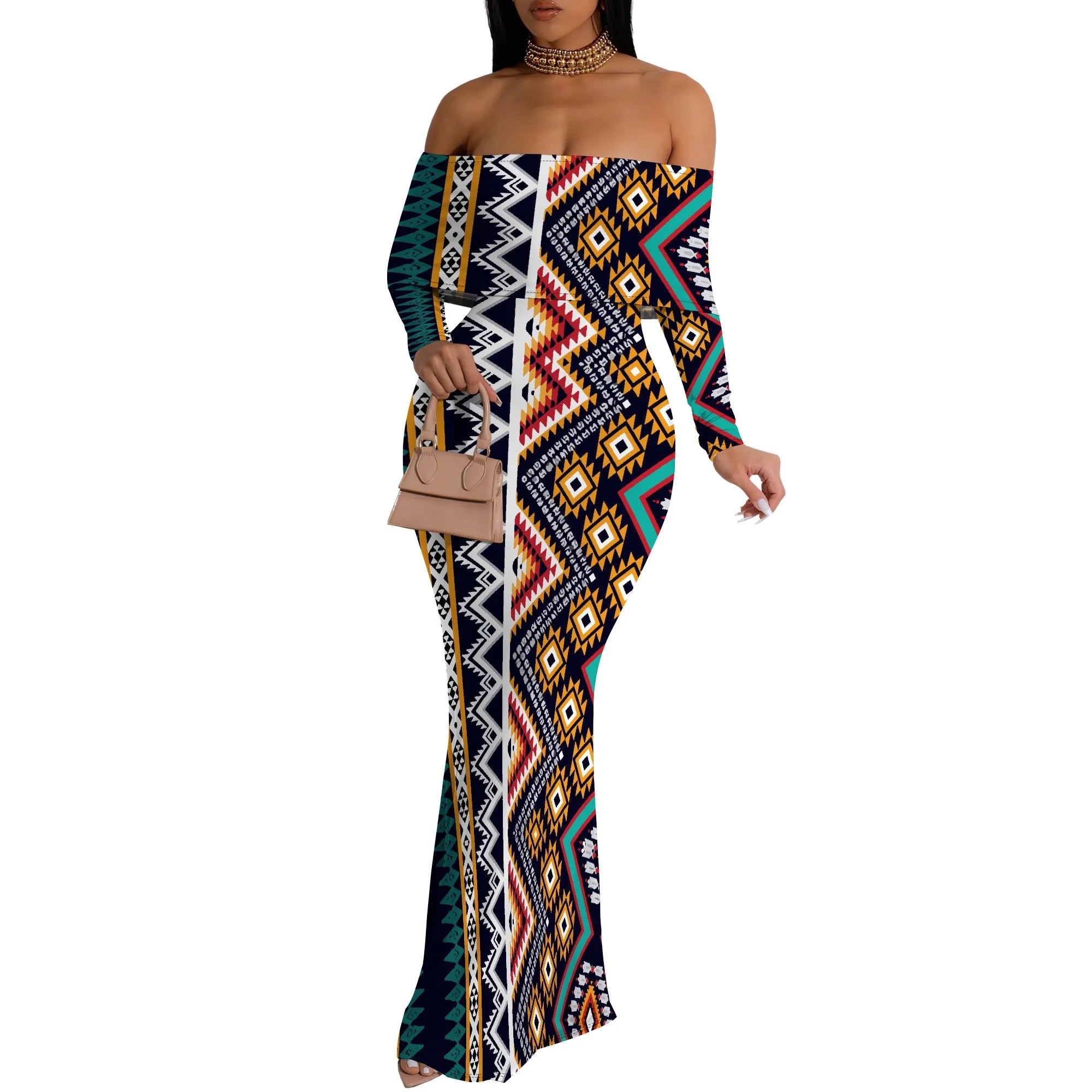 Off Shoulder Maxi Dress Blue Purple Glitter Print Bodycon Long Sleeve Gown