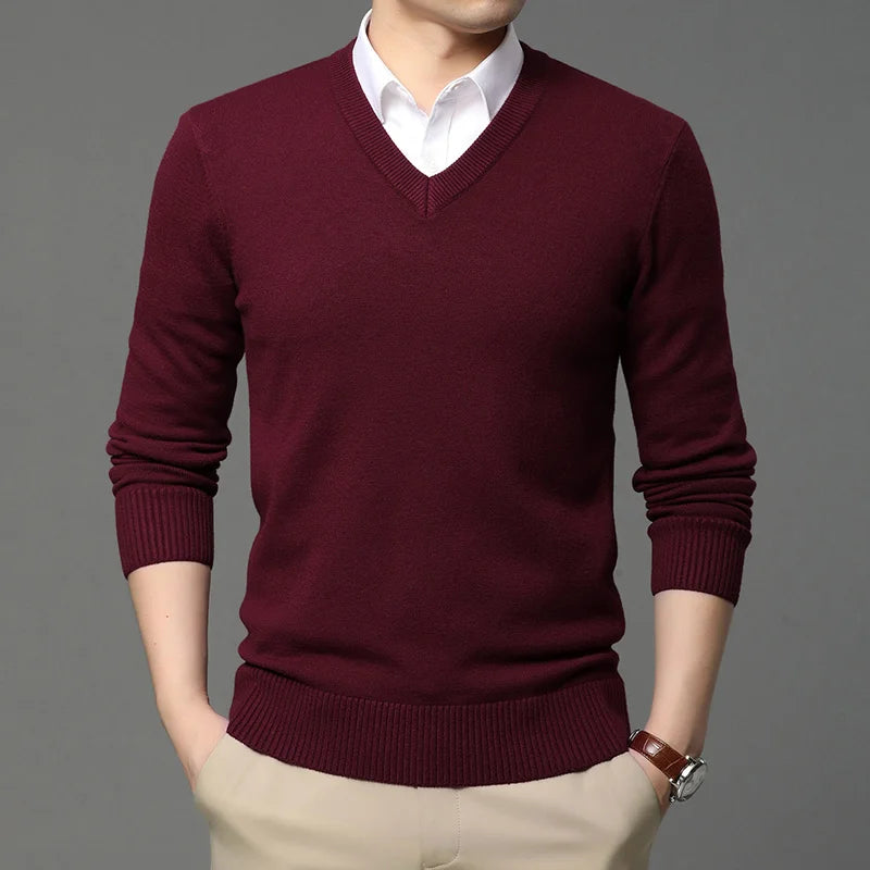Men's High Quality Fashion Brand, Woollen Knit Pullover V-Neck Sweater, Autumn and Winter Casual Male Jumper