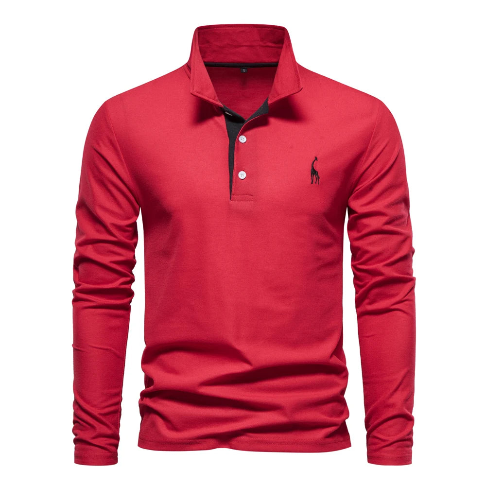 New Men's Deer Embroidery Polo Shirts Solid Colour Long Sleeve Social Business Male