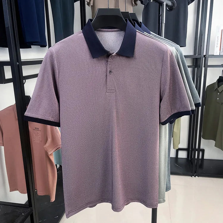 Men’s Breathable Polo Shirt – Stretch Fabric & Striped Design for Office/Casual Use Elastic Comfort and Classic Collar M-4XL
