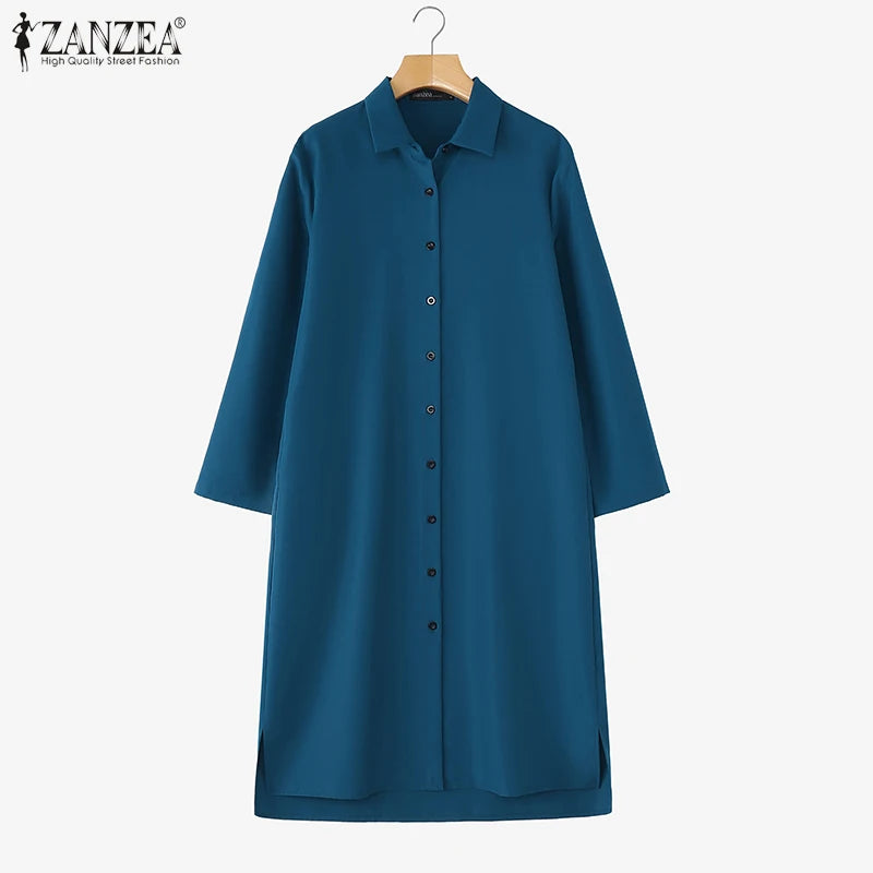 2025 Fashion Autumn Shirt Dress Women Lapel Neck 3/4 Sleeve Sundress Casual Loose OL Work Dresses Button Midi Robe Kaftan