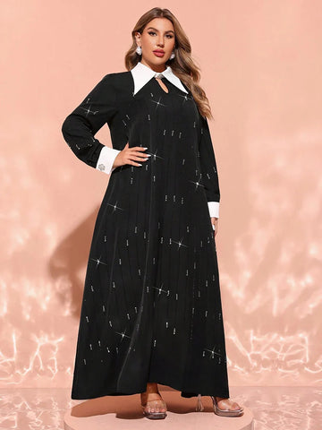 Women's New Plus Size Luxury Elegant Contrast Colour Turndown Collar Long Sleeve Maxi Loose Formal Arabian Party Dress