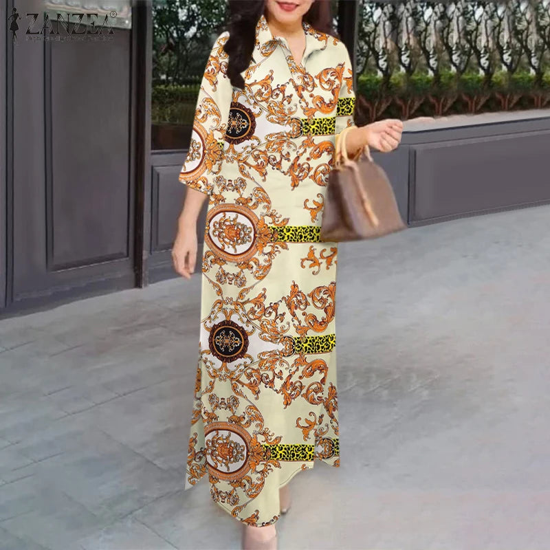 Fashion Slit Hem Shirtdress 3/4 Sleeve Women Vintage Casual Maxi Dress Autumn Baroque Print Lapel Neck Long Vestidos