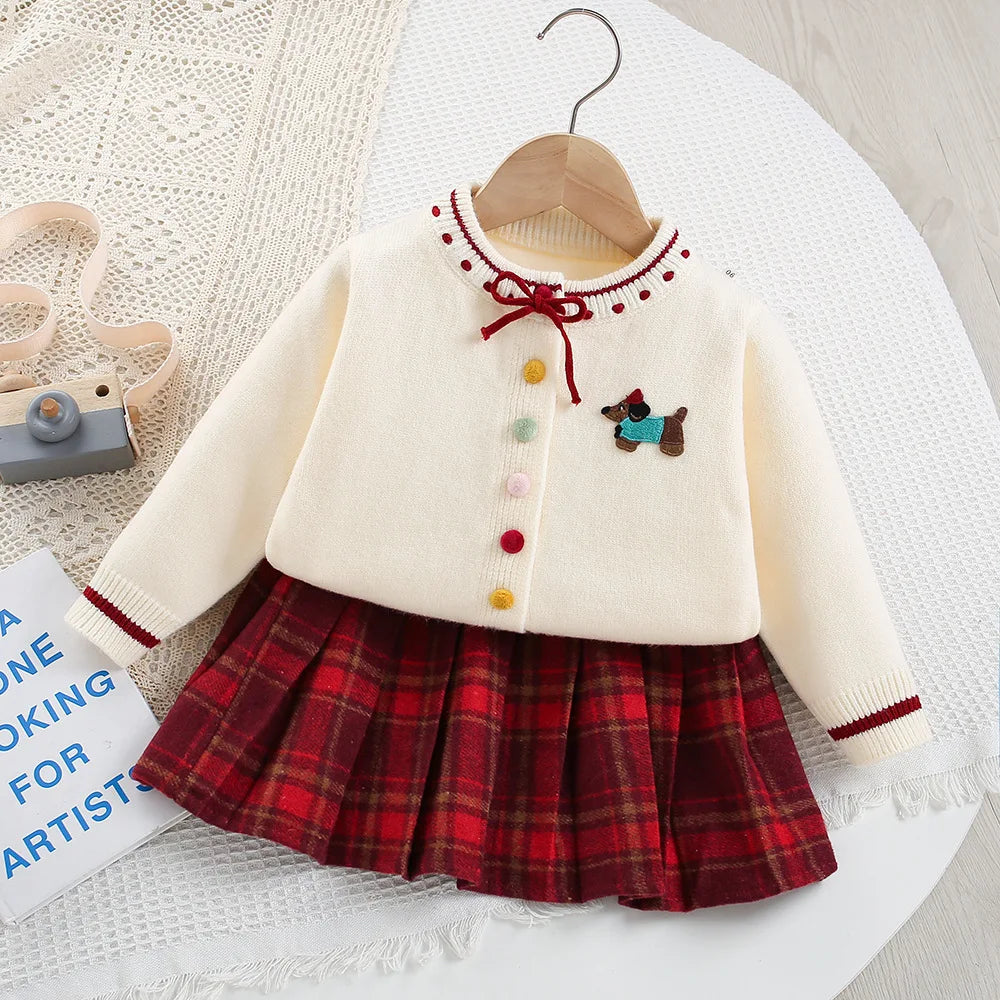 New Autumn Kids Sweater Set Cute Colourful Buttons Girls Knitted Shirt + Checked Skirt Children Sweet Thin Outfit 9M-5T Girls