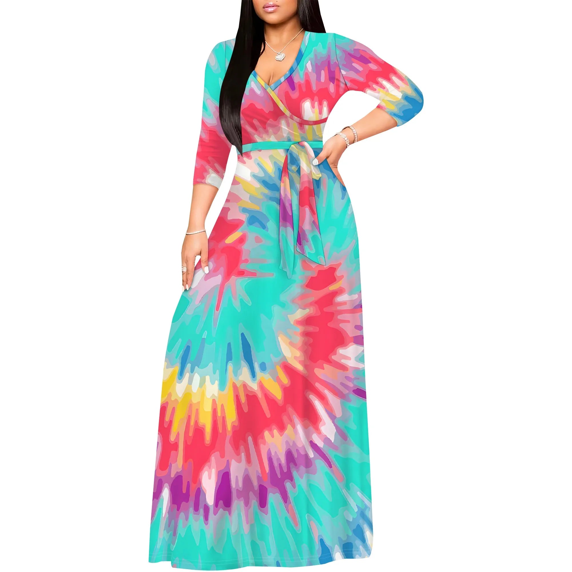 Colorful Tie-Dye V-Neck 3/4 Sleeve Wrap Maxi Dress with Belt - Women's Bold Bohemian Party Evening Resortwear