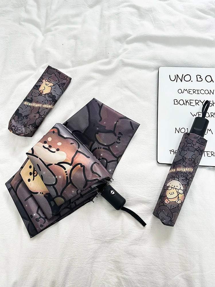 Automatic Fold Umbrella with Shiny Puppy Design | All-Weather UV Sunshade | High - End Ins Style for Women