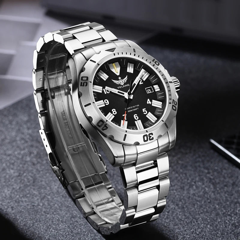 YELANG V1036 42mm Men's Quartz Watch Luminous Display Japan Movement 30ATM Waterproof Stainless Steel Band with Luminous Hands