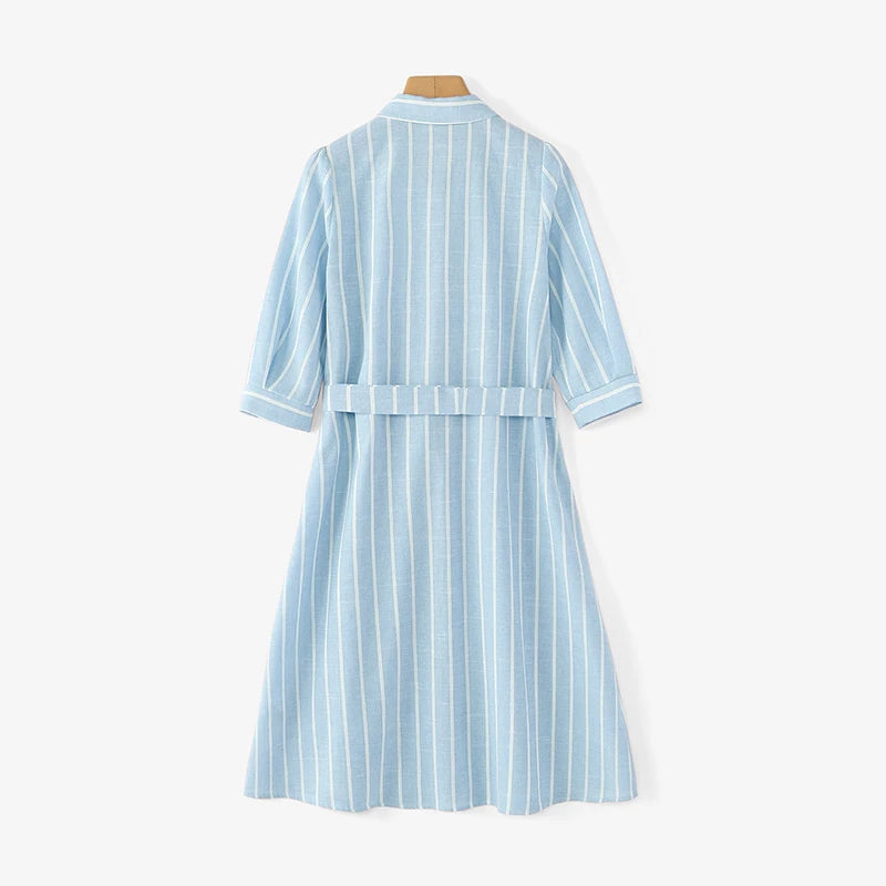Women Striped Shirt Dress Elegant Lapel Neck 3/4 Sleeve A-line Midi Dresses 2025 Summer Tie-Waist Robes Femme Vestidos