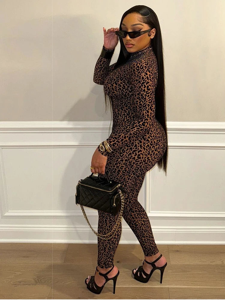 Autumn Sexy Leopard Mesh Jumpsuit Women Sexy Hipster Zip Stretch Midnight Workout Clubwear Fitness Street Overalls