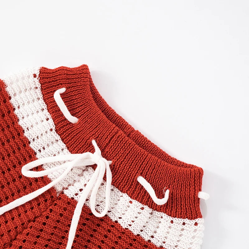 Crochet 2 Piece Set Women Hollow Beach Vacation Shirring Strapless Tops + Contrast Shorts Matching Tight Stretch Suits