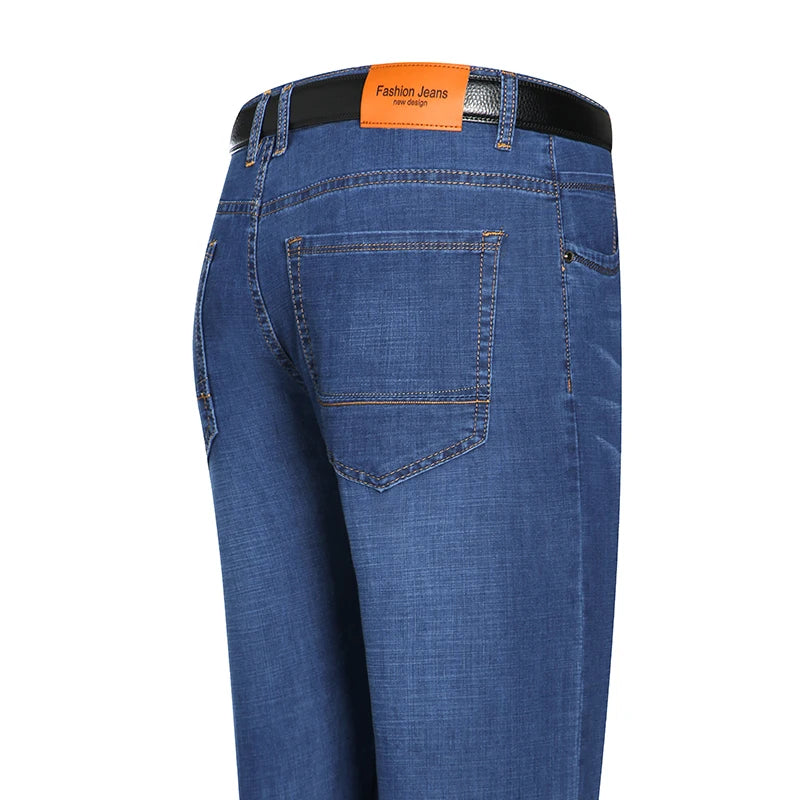 2025 Dunne of dikke stoffen kantoor- en zakenjeans voor heren, klassiek blauw, zwart, katoenen stretch, rechte denimbroek, herenmerkbroeken