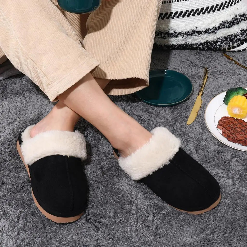 Unisex Fuzzy House Winter Slippers Fashion Fur Collar Suede With Fluffy Memory Foam Indoor Slides Plush Cotton Shoes For Men & Women