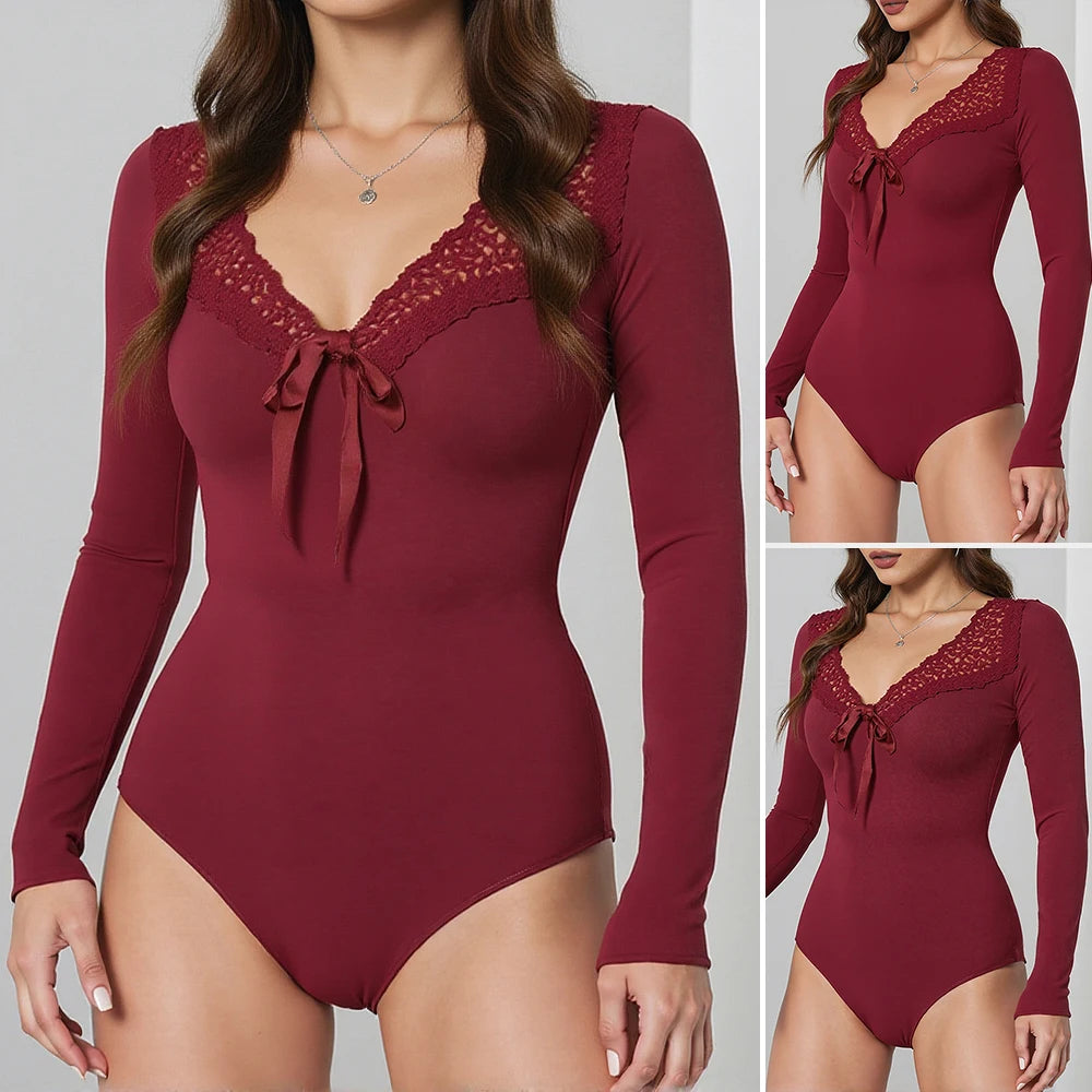 Women's Jumpsuits Summer Korean Fashion Elegant 2025 Plain Lace Long Sleeve V-neck Seaside Jumpsuits