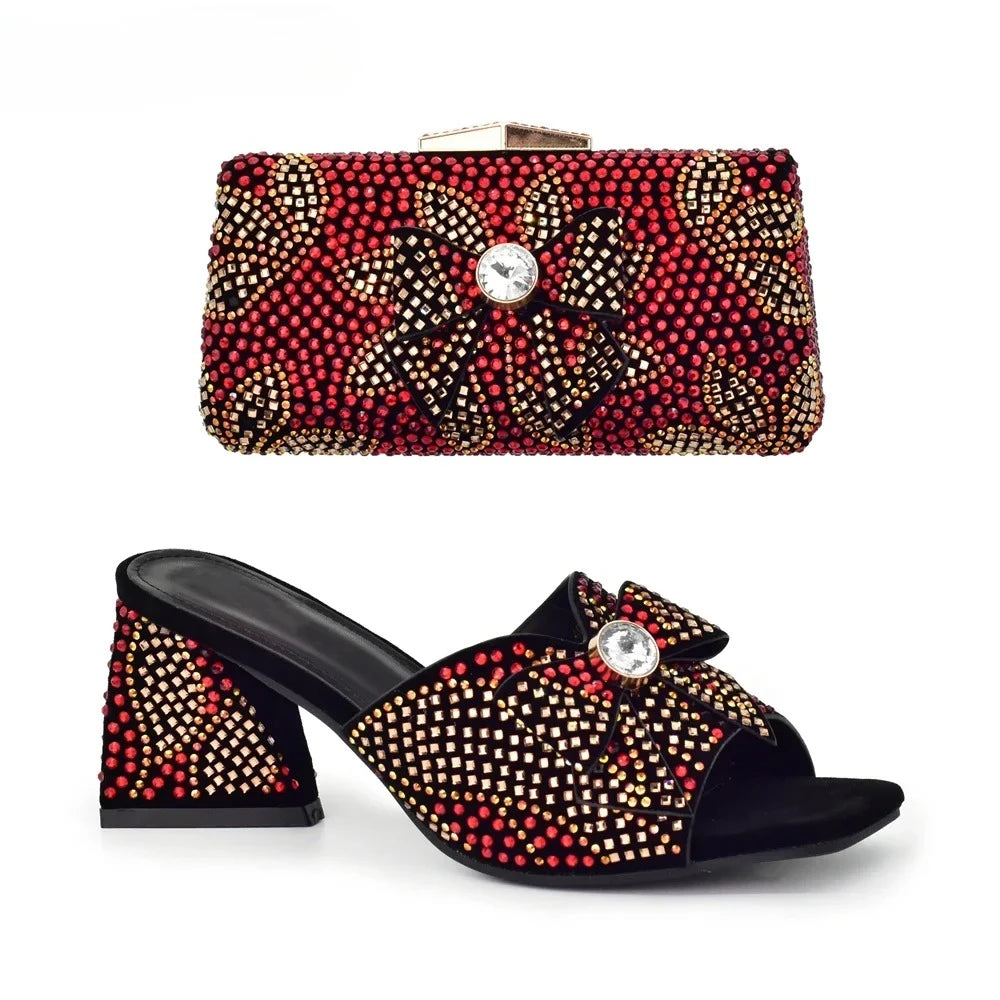 Nigeria Popular Design African Ladies Shoes and Bag Set Decorated with Rhinestone Wedding Shoes Bride Peep Toe Low Black Heels