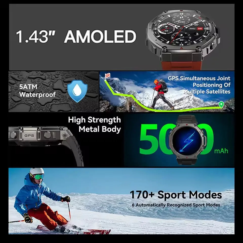 GPS Smartwatch 1,43" HD AMOLED-scherm Ingebouwde GPS Bluetooth-oproepen Waterdicht zwemkompas GPS-sportsmartwatch voor mannen