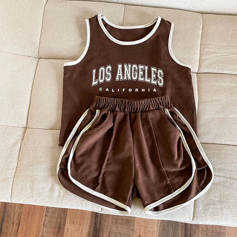 New Summer Kids Clothes Set Children Thin Style Letter Sports Suit Girls Tank Top Shorts Boys Outfits 4-6Y Unisex