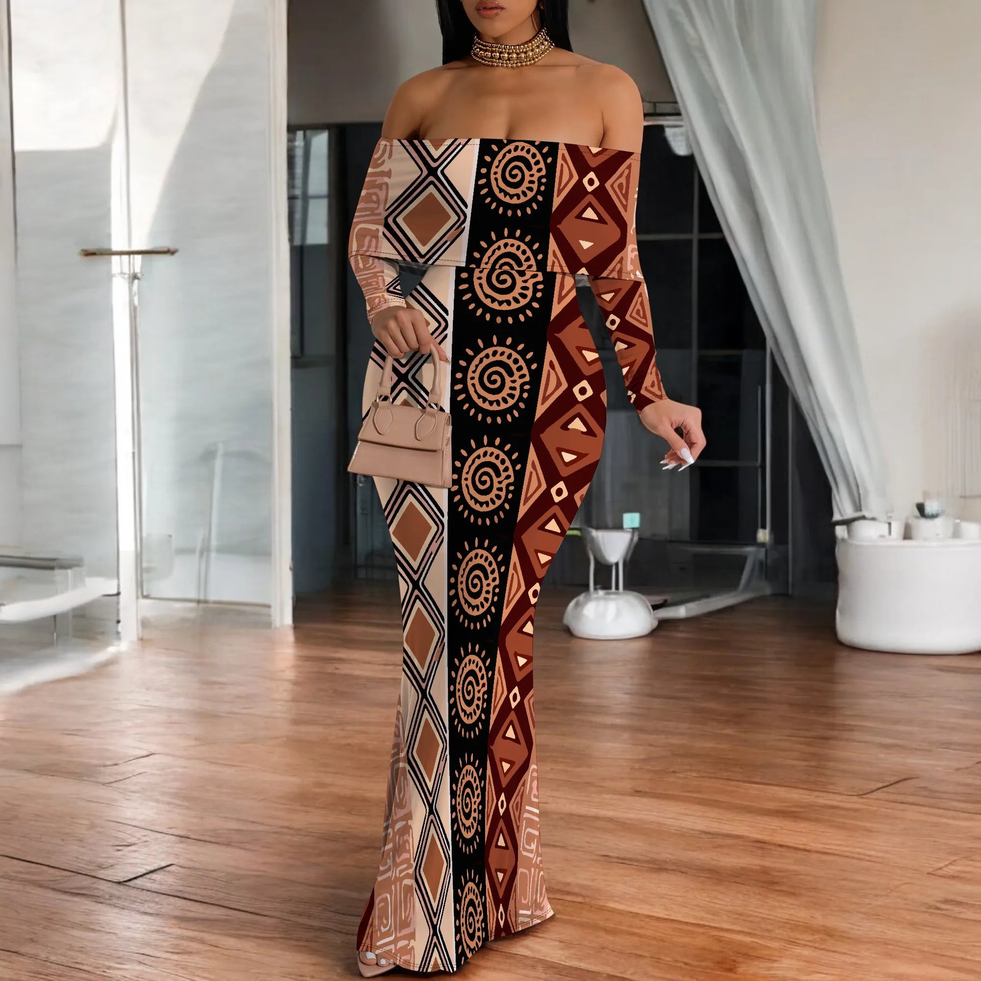 Off Shoulder Maxi Dress Blue Purple Glitter Print Bodycon Long Sleeve Gown