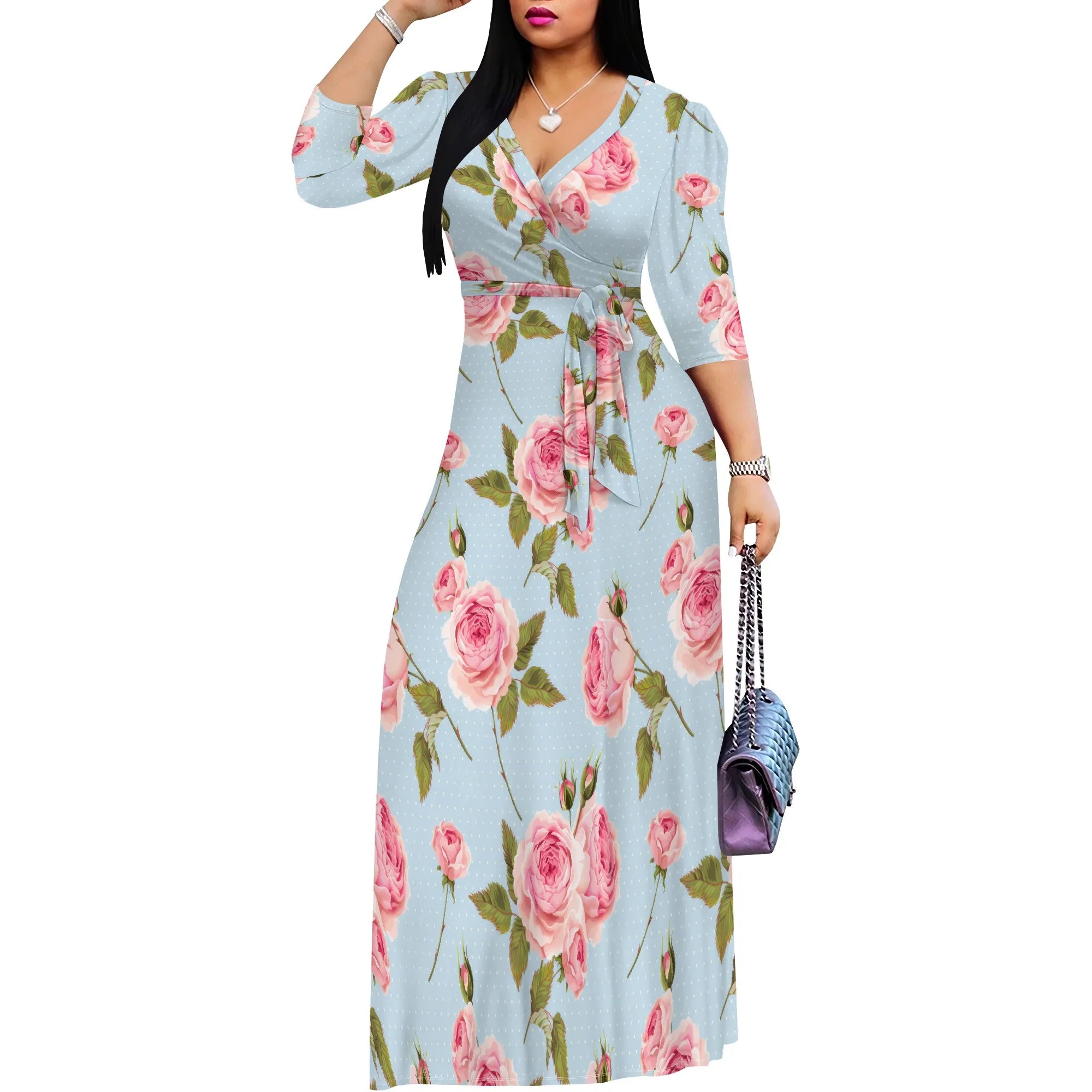 Pastel Floral Maxi Dress Plus Size Long Elegant Beach Holiday V Neck Spring Boho Style