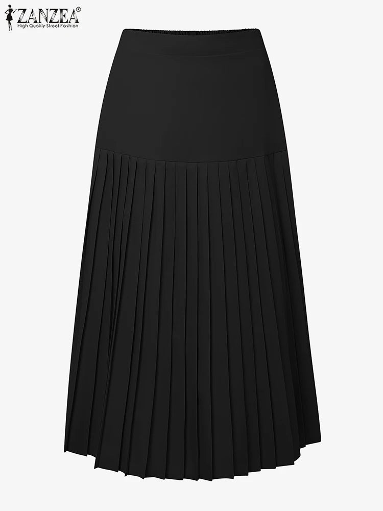 Elegant A-Line Pleated Skirts Women Fashion High Waist Patchwork Midi Faldas Mujer Office Commuting Solid Jupes Femme