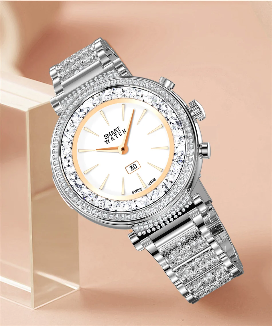 Women Diamond Smart Watch ECG Women Health tracking Watch Full Touch Screen BT Call Custom dial Smartwatch Compatible with Huawei & Xiaomi IOS