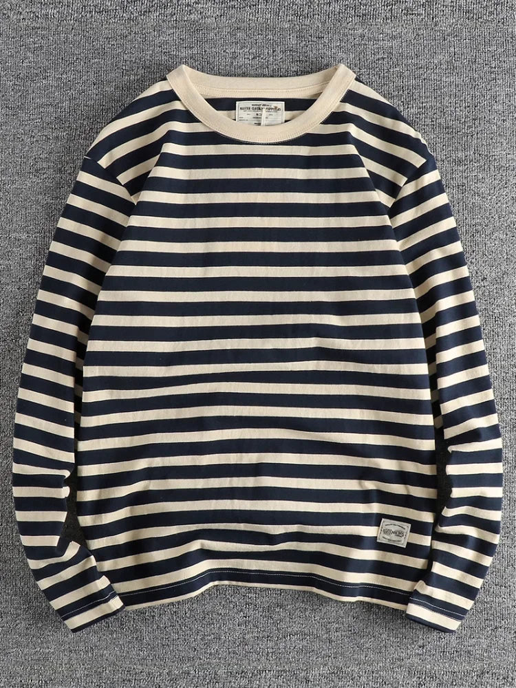 Autumn New American Retro 230g Heavyweight O-neck Striped T-shirt Men's Fashion 100% Cotton Washed Casual Loose Tough GuyTops