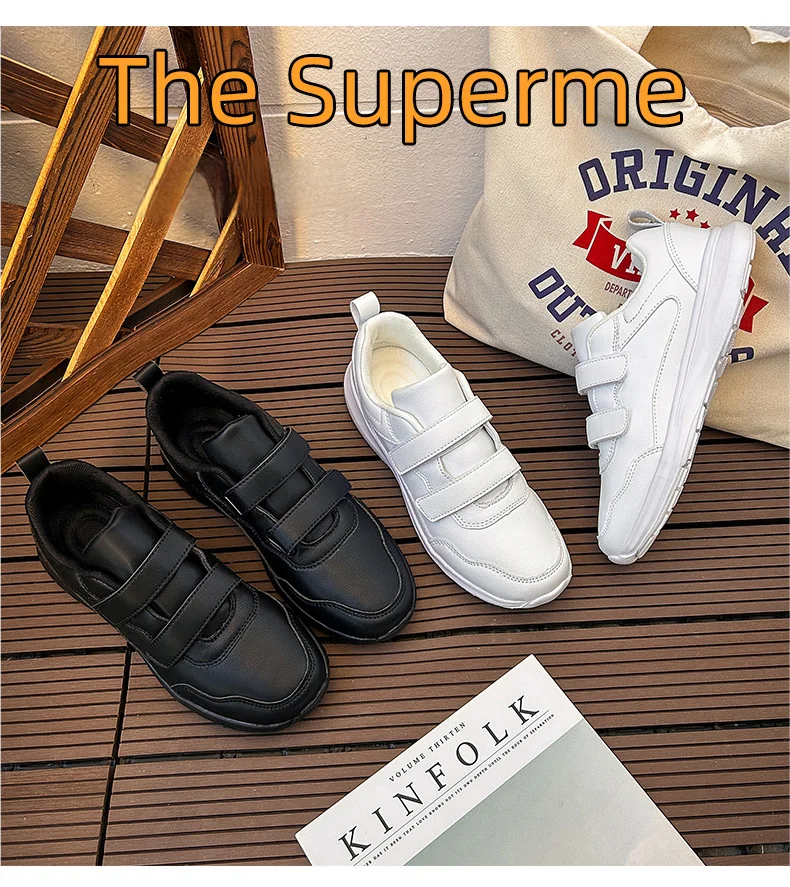 Student Sneakers Unisex White Shoes Magic Buckles Lightweight Couple Shoes for Sports School Dance Running