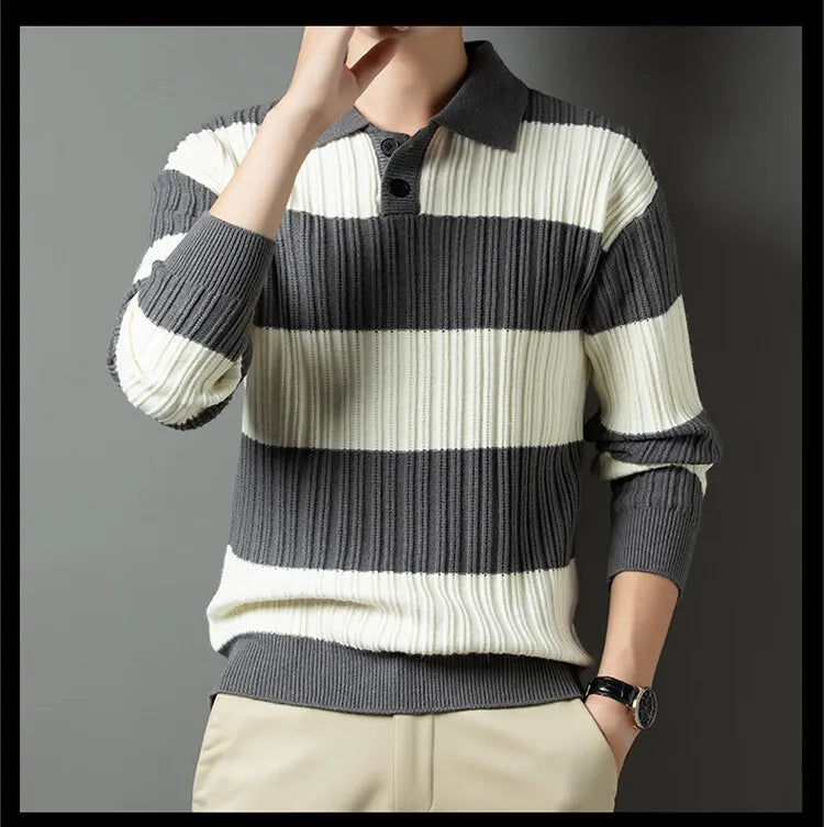 Men's Polo Shirt Luxury Pullover Sweater Fashion Thick Warm Sweater Striped Casual T-shirt, Male Top Loose Knitwear