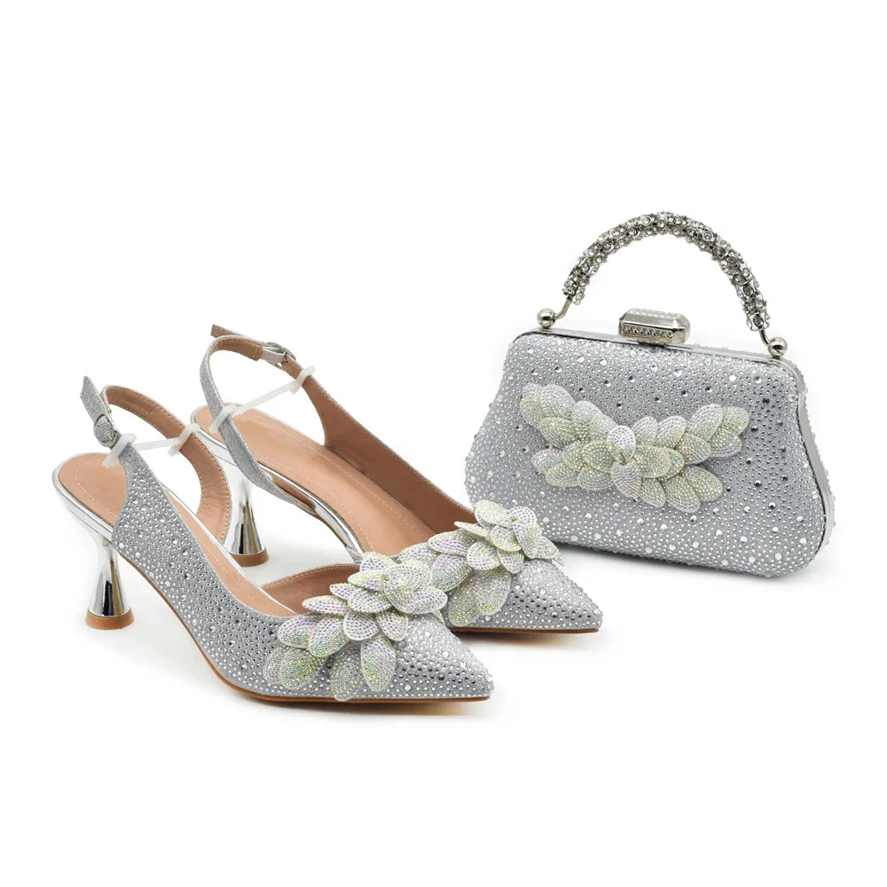 New Pointed Toe Heels with Small Bag Nigeria Fashion Party Women's Shoes and Bags Decorated with Rhinestone Wedding Shoes Bride