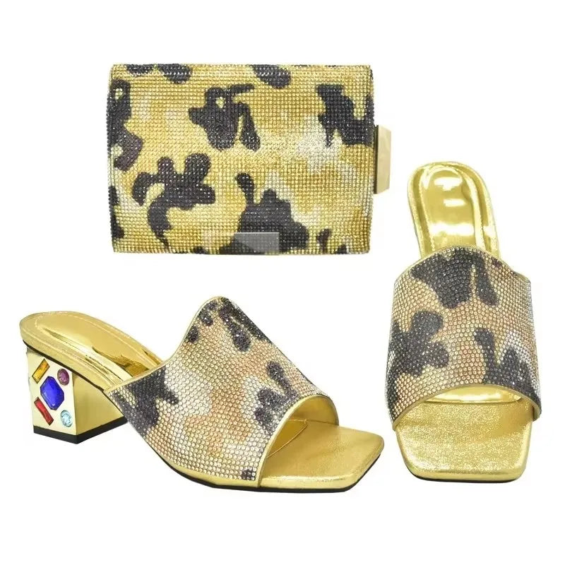 Women's Italian Luxury Shoes with Bag Set Decorated with Rhinestone Open Toe Pumps for party