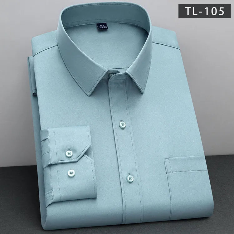 Men's Classic Solid Non-Iron Business Casual Shirt Anti-Wrinkle Soft Wear Long Sleeve Square Collar Tat Fabric Single Breasted