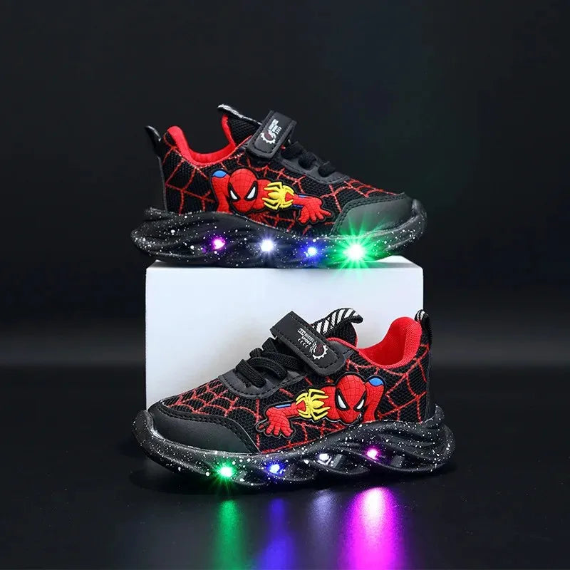 Disney Spiderman Light-Up Boys Spring Sneakers Breathable Mesh Outdoor Shoes with Non-Slip Sole, Illuminated LED Kid Footwear