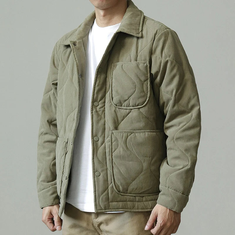 Winter New American Retro Langarm Revers Baumwolle gepolsterte Cargojacke Herren Einfacher dicker Innenliner Lässiger Mantel mit mehreren Taschen
