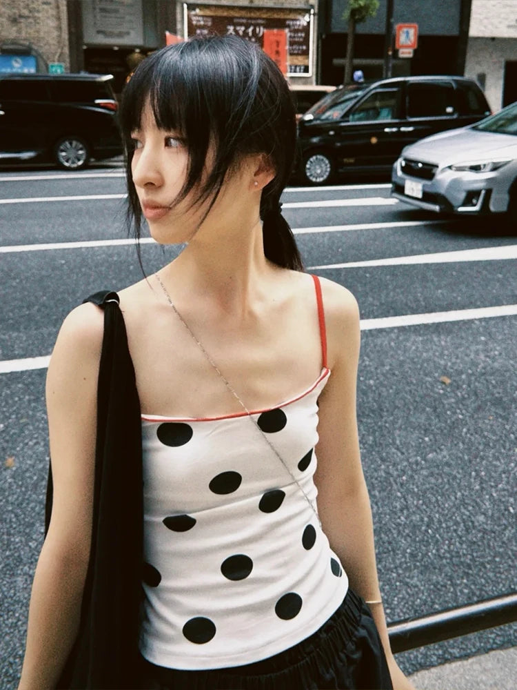 Polka Dot Patchwork Camisole Women Y2K Style Spaghetti Strap Skinny Stretch Street Fashion Versatile Style Tank Tops