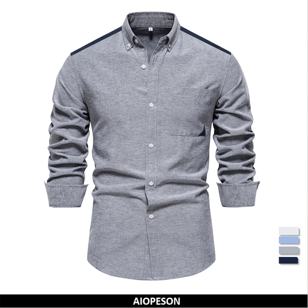 Men's Spring Patchwork Oxford Shirt Casual Wear Cotton Blend Pocket Shirts For Men