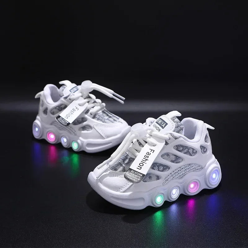 Kids LED Light Up Sneakers - Glow Boys 1-6 Years Breathable Mesh Sporty Shoes Casual Letter Webbing Luminous Footwear