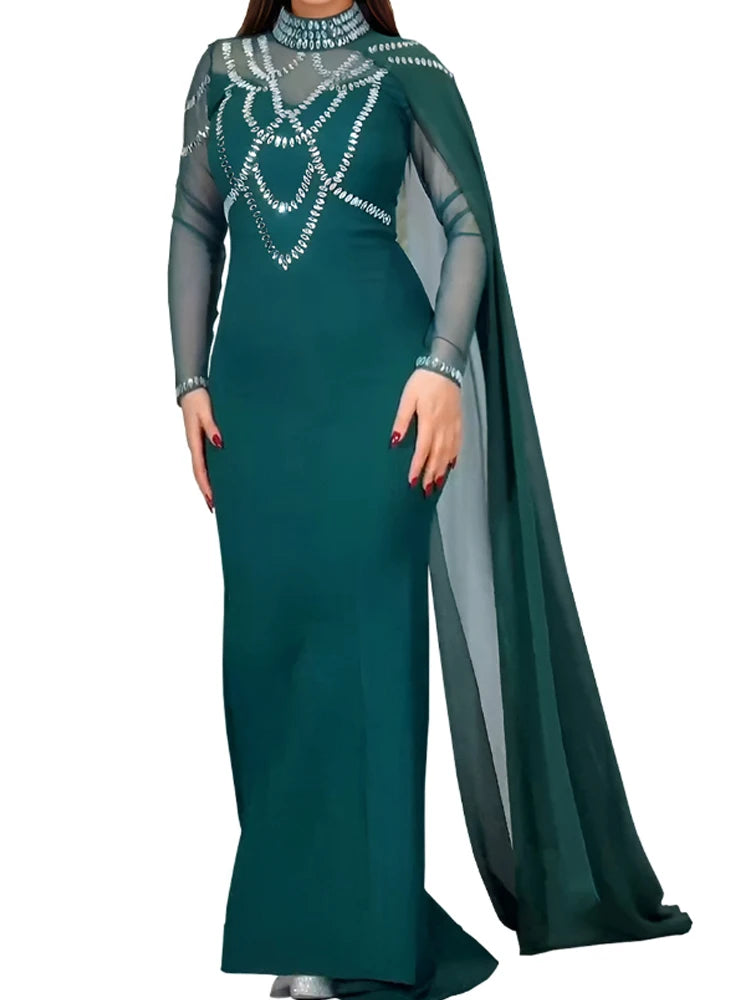 Sexy See Through Long Sleeve Solid Color Sheer Mesh Rhinestone High Slit Party Dress