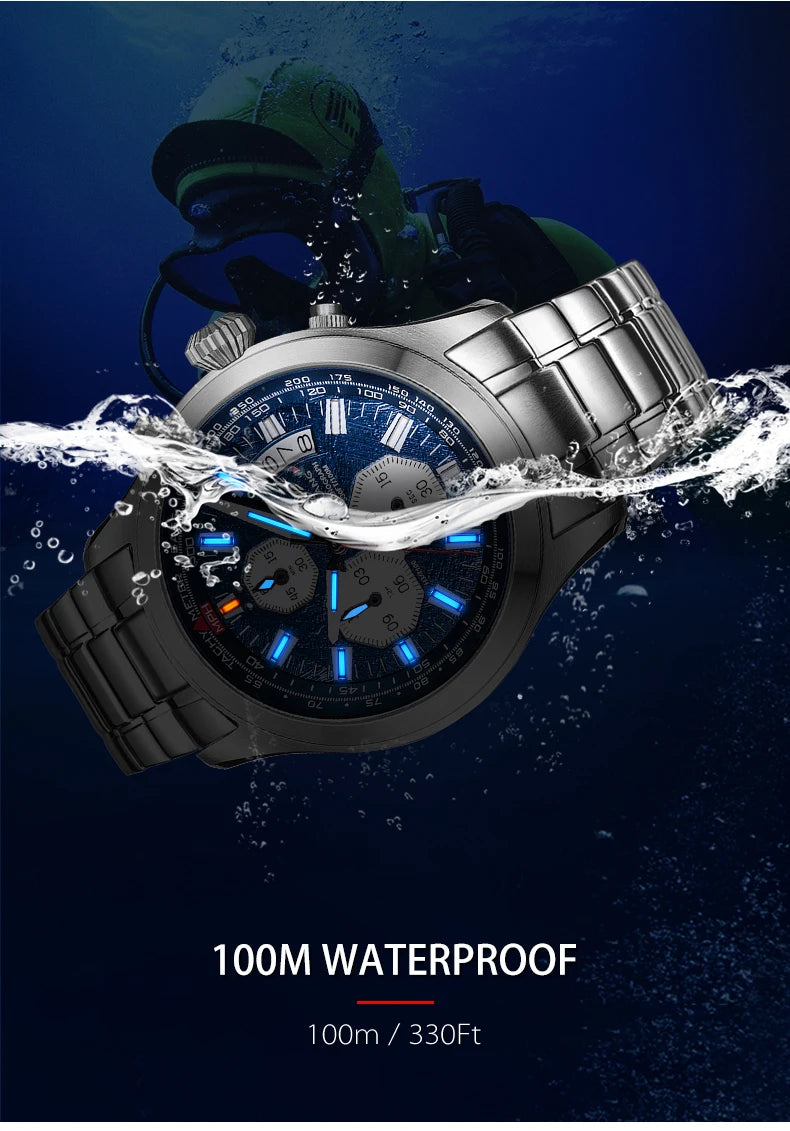 Yelang Men's Three Eyes Six Needles Japan OS00 Movement 100M Water Resistant Waterproof Diving Stainless Steel Quartz Watch