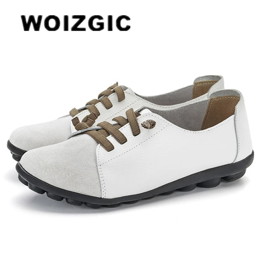 Women's Genuine Leather Mother Ladies Shoes Flats Loafers Ballerina Lace Up Soft Moccasins Plus Size 43 44 MX-052