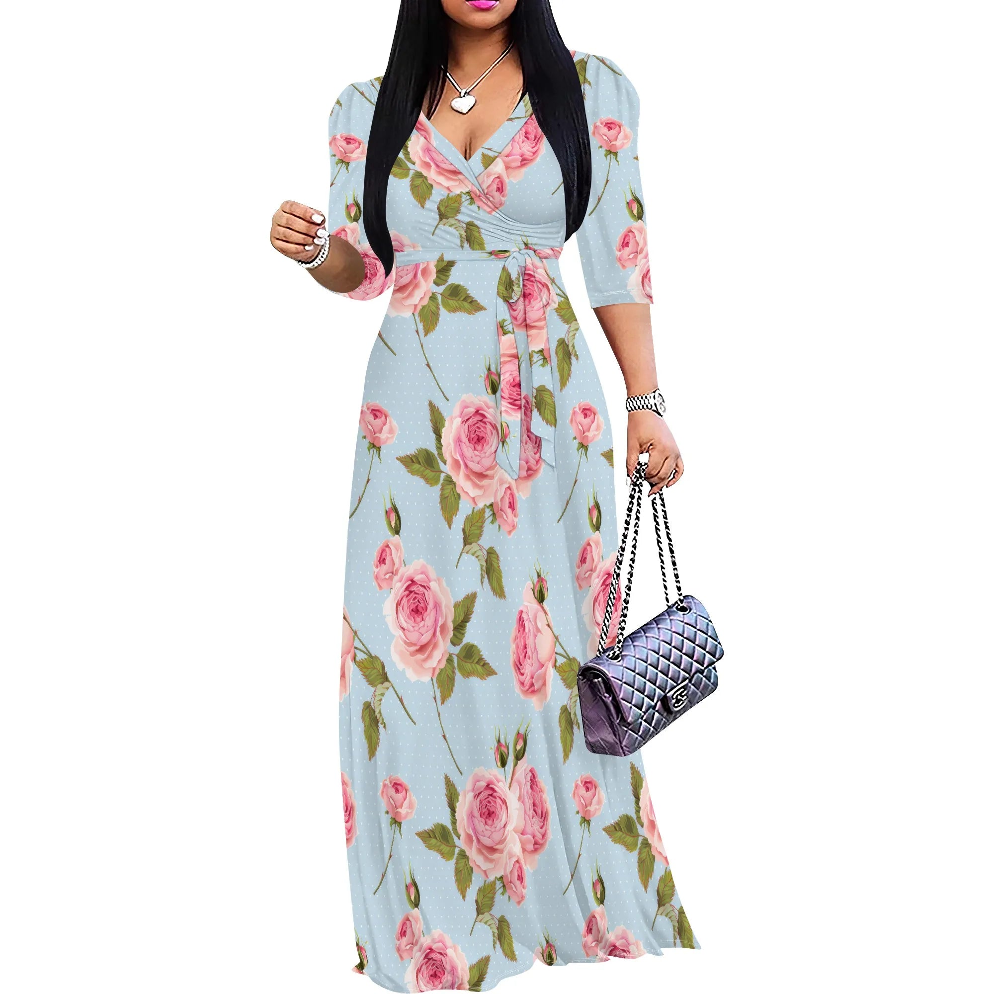 Pastel Floral Maxi Dress Plus Size Long Elegant Beach Holiday V Neck Spring Boho Style